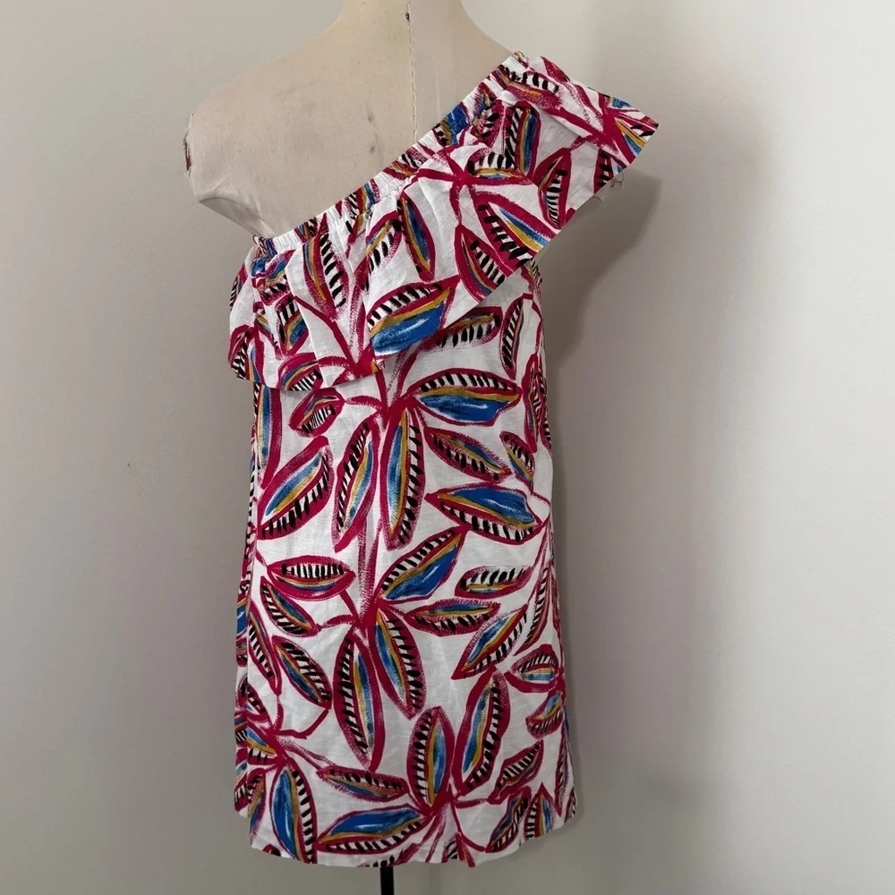 J Crew XS One Shoulder Ruffled Linen Mini Dress ~ Tropical Vacation Resort Beach